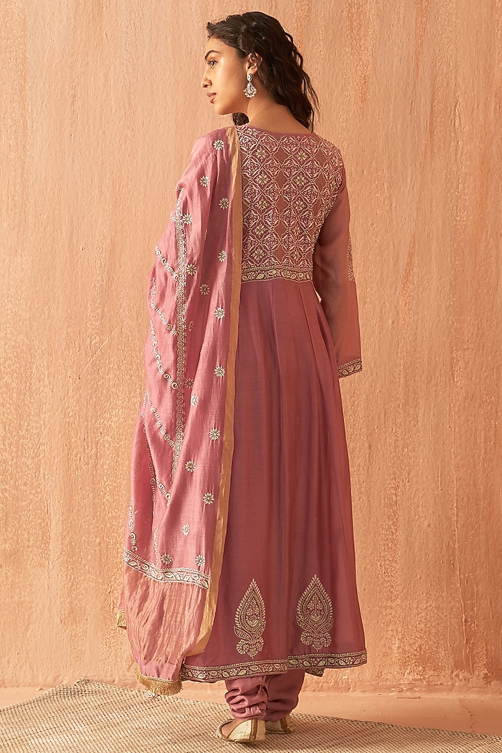 Onion Pink Chanderi Embroidered Wedding Anarkali Set by Dhaaga & Co. by Savnit Gurnani at Pernia's Pop Up Shop
