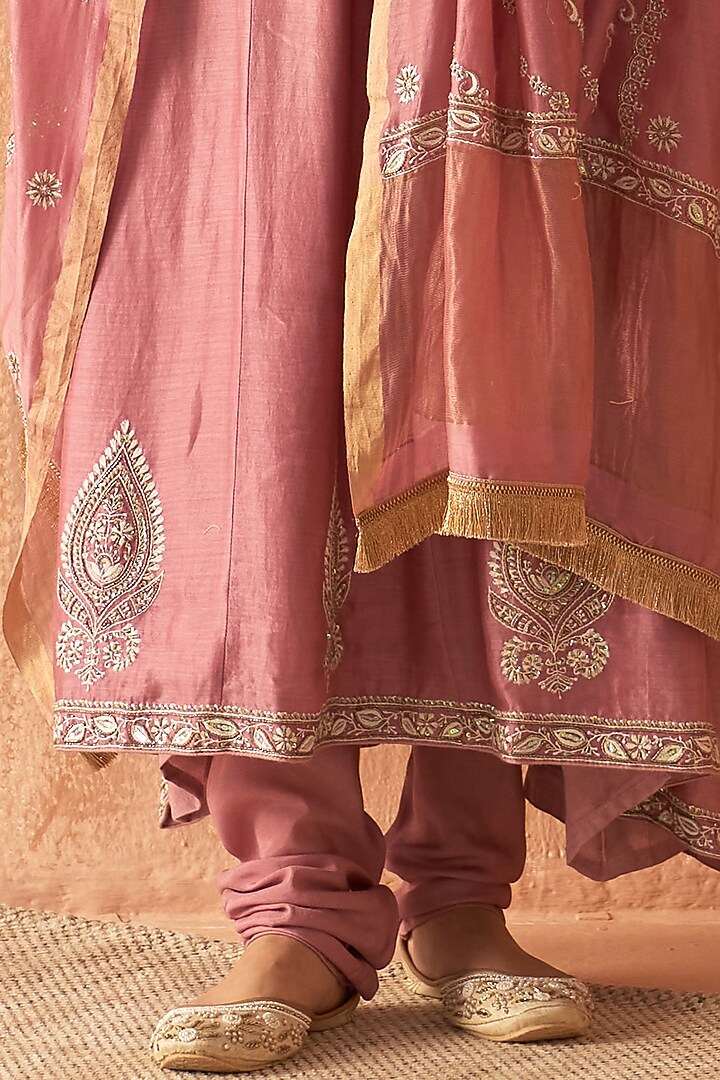 Onion Pink Chanderi Embroidered Wedding Anarkali Set by Dhaaga & Co. by Savnit Gurnani at Pernia's Pop Up Shop