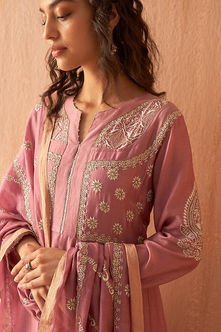 Onion Pink Chanderi Embroidered Wedding Anarkali Set by Dhaaga & Co. by Savnit Gurnani at Pernia's Pop Up Shop