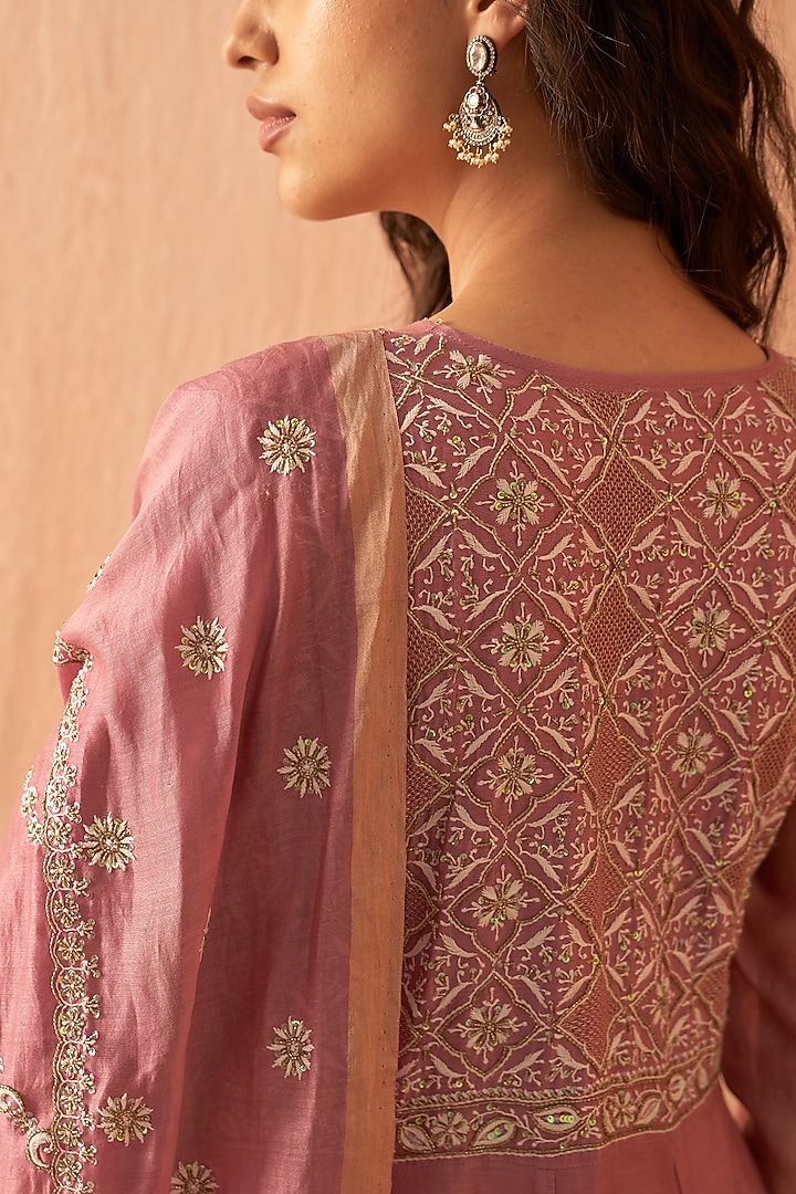 Onion Pink Chanderi Embroidered Wedding Anarkali Set by Dhaaga & Co. by Savnit Gurnani at Pernia's Pop Up Shop