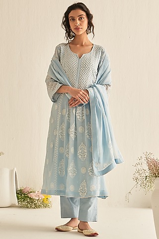 Light Blue Mulmul Chanderi Embroidered Kurta Set by Dhaaga & Co. by Savnit Gurnani