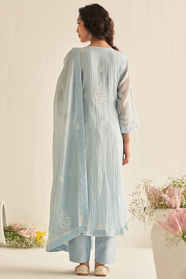 Light Blue Mulmul Chanderi Embroidered Kurta Set by Dhaaga & Co. by Savnit Gurnani at Pernia's Pop Up Shop