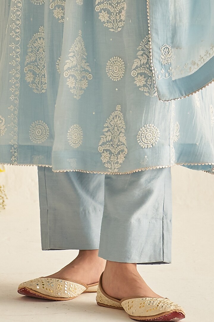 Light Blue Mulmul Chanderi Embroidered Kurta Set by Dhaaga & Co. by Savnit Gurnani at Pernia's Pop Up Shop