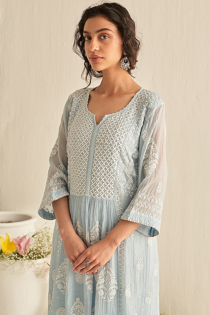 Light Blue Mulmul Chanderi Embroidered Kurta Set by Dhaaga & Co. by Savnit Gurnani at Pernia's Pop Up Shop