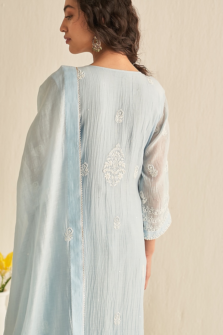 Light Blue Mulmul Chanderi Embroidered Kurta Set by Dhaaga & Co. by Savnit Gurnani at Pernia's Pop Up Shop