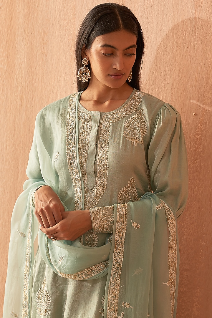 Green Tissue Embroidered Kurta Set by Dhaaga & Co. by Savnit Gurnani at Pernia's Pop Up Shop