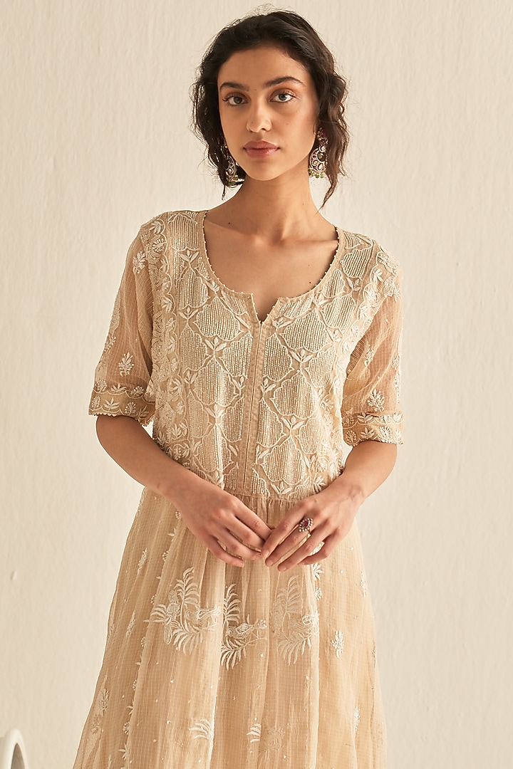 Natural Gold Kota Tissue Embellished Tunic by Dhaaga & Co. by Savnit Gurnani at Pernia's Pop Up Shop