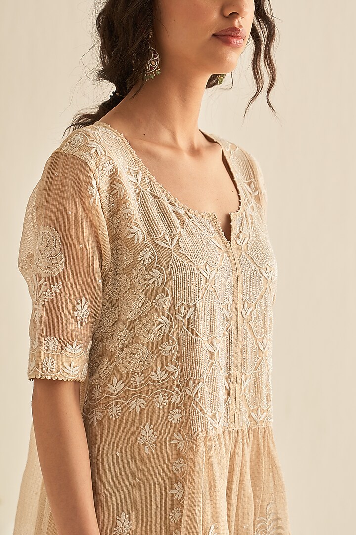 Natural Gold Kota Tissue Embellished Tunic by Dhaaga & Co. by Savnit Gurnani at Pernia's Pop Up Shop