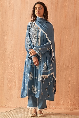 Cobalt Blue Mul Chanderi Embroidered Kurta Set by Dhaaga & Co. by Savnit Gurnani