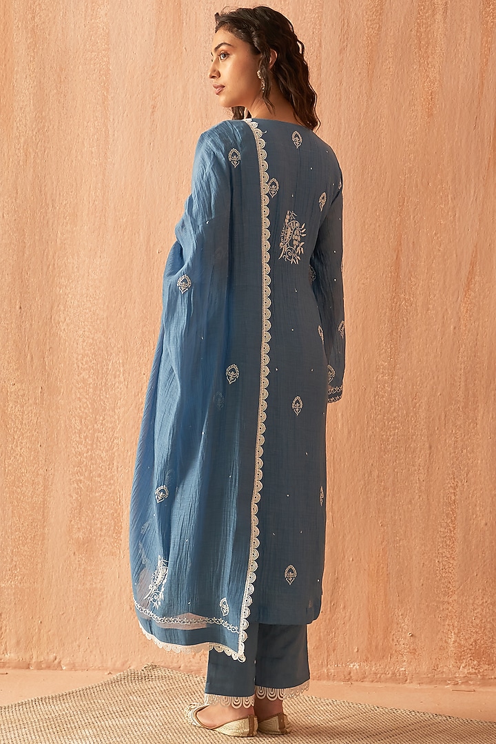 Cobalt Blue Mul Chanderi Embroidered Kurta Set by Dhaaga & Co. by Savnit Gurnani at Pernia's Pop Up Shop