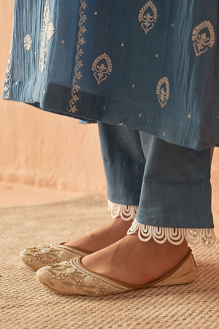 Cobalt Blue Mul Chanderi Embroidered Kurta Set by Dhaaga & Co. by Savnit Gurnani at Pernia's Pop Up Shop