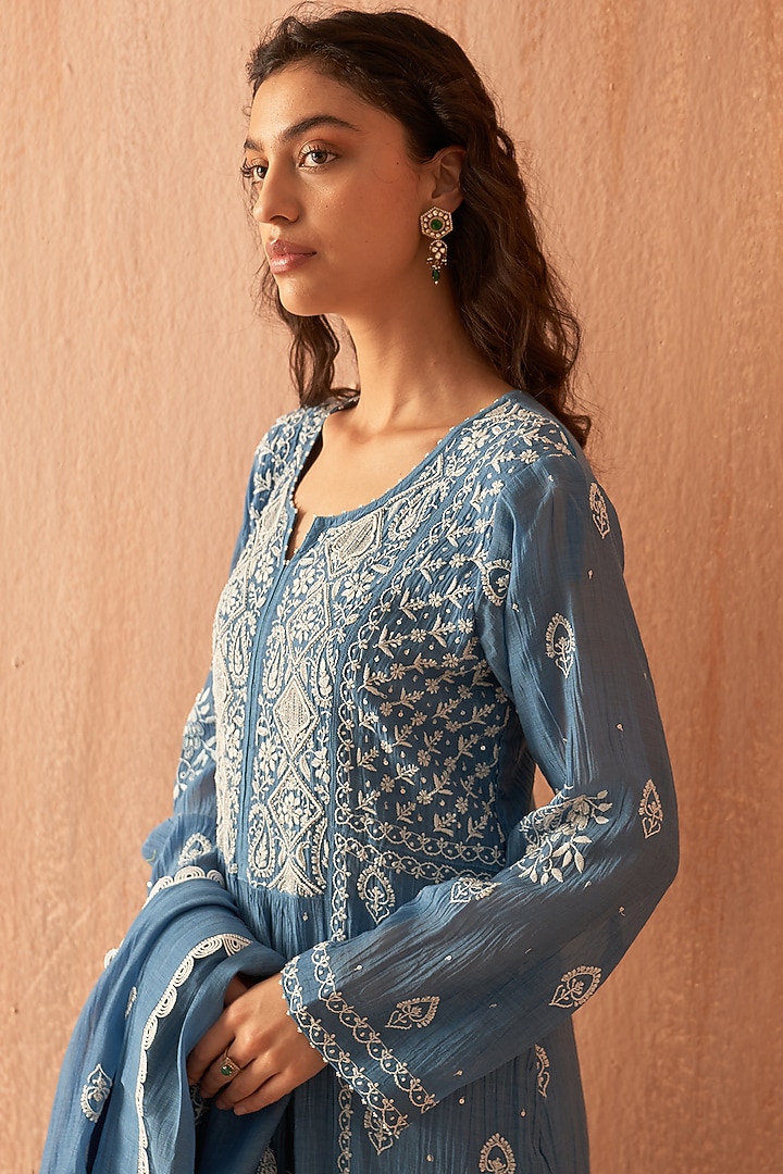 Cobalt Blue Mul Chanderi Embroidered Kurta Set by Dhaaga & Co. by Savnit Gurnani at Pernia's Pop Up Shop