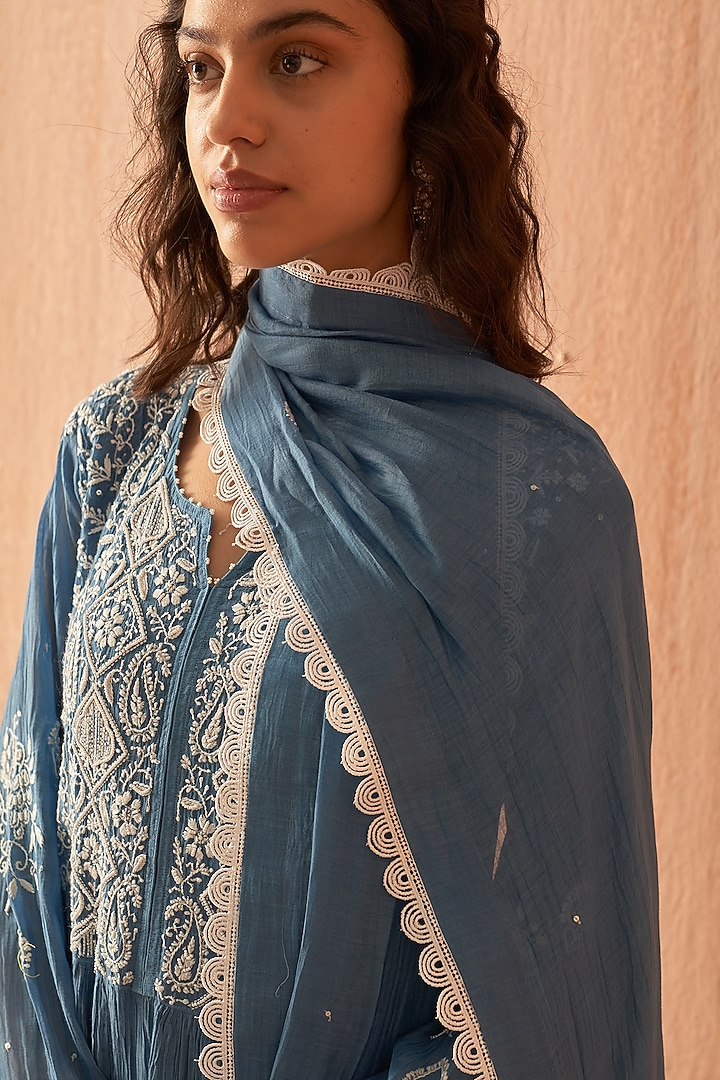 Cobalt Blue Mul Chanderi Embroidered Kurta Set by Dhaaga & Co. by Savnit Gurnani at Pernia's Pop Up Shop