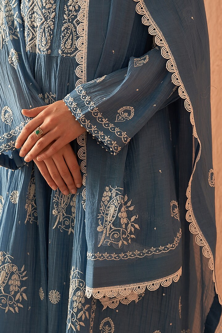 Cobalt Blue Mul Chanderi Embroidered Kurta Set by Dhaaga & Co. by Savnit Gurnani at Pernia's Pop Up Shop