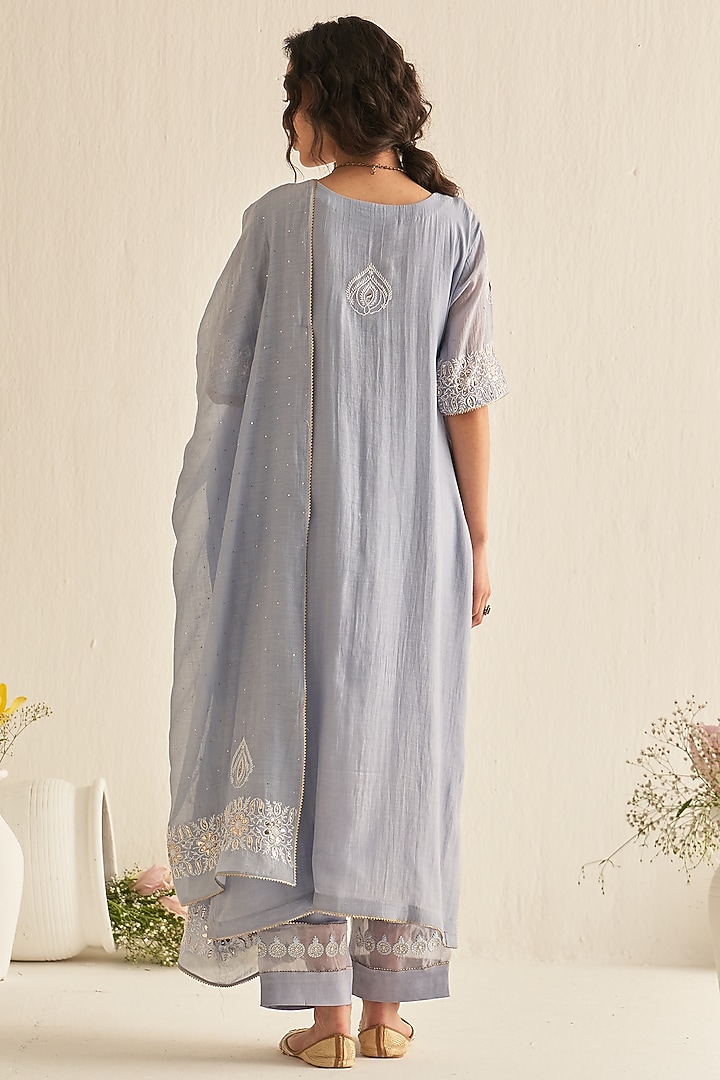 Ash Blue Mul Chanderi Embroidered Kurta Set by Dhaaga & Co. by Savnit Gurnani at Pernia's Pop Up Shop