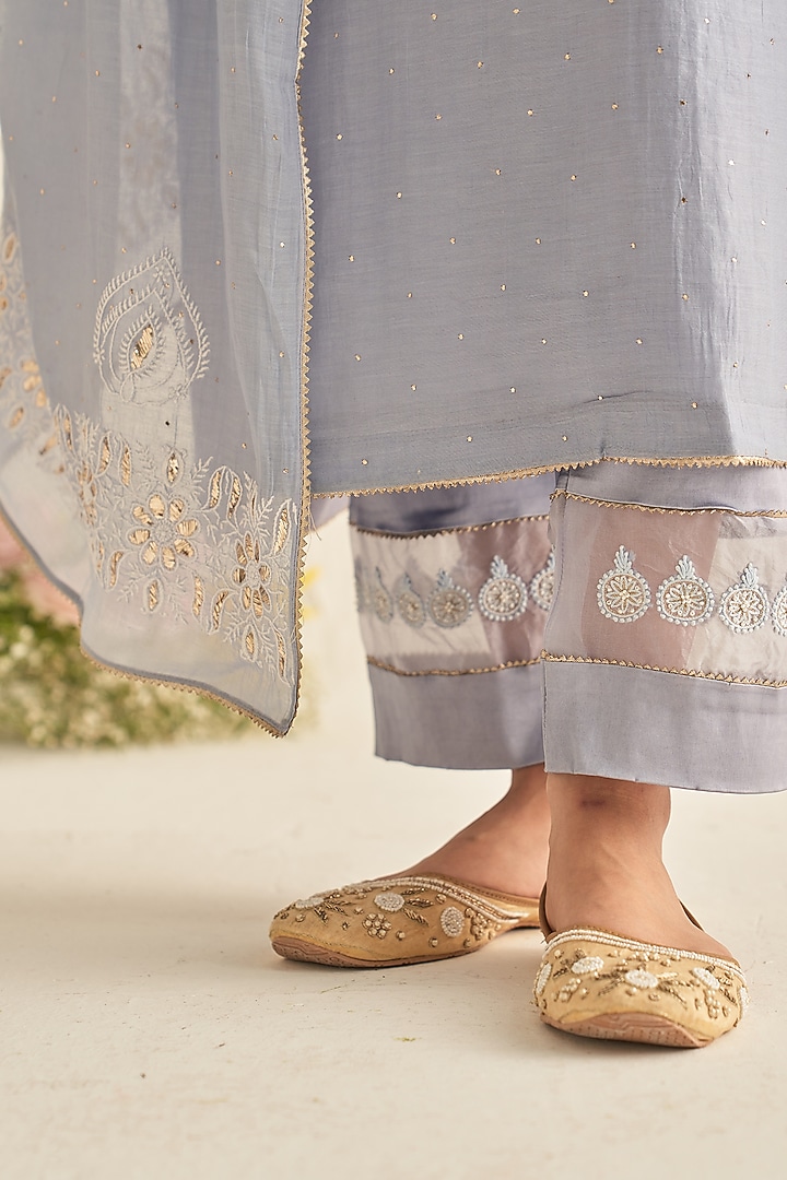 Ash Blue Mul Chanderi Embroidered Kurta Set by Dhaaga & Co. by Savnit Gurnani at Pernia's Pop Up Shop