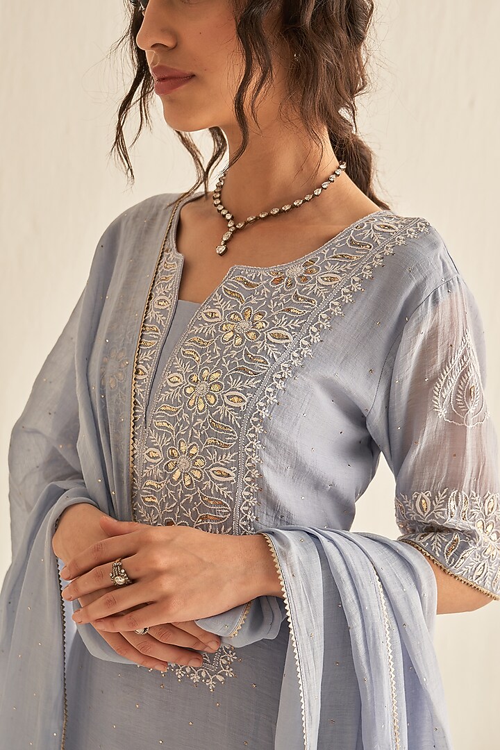 Ash Blue Mul Chanderi Embroidered Kurta Set by Dhaaga & Co. by Savnit Gurnani at Pernia's Pop Up Shop