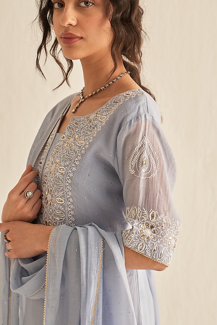 Ash Blue Mul Chanderi Embroidered Kurta Set by Dhaaga & Co. by Savnit Gurnani at Pernia's Pop Up Shop