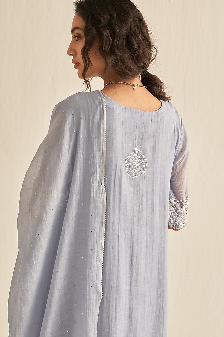 Ash Blue Mul Chanderi Embroidered Kurta Set by Dhaaga & Co. by Savnit Gurnani at Pernia's Pop Up Shop