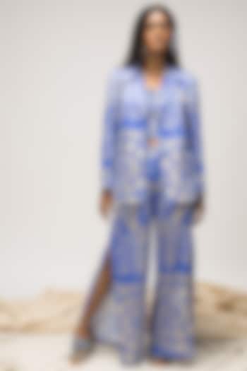 Indigo Blue & Silver Grey Viscose Satin Trousers by Doh Tak Keh at Pernia's Pop Up Shop