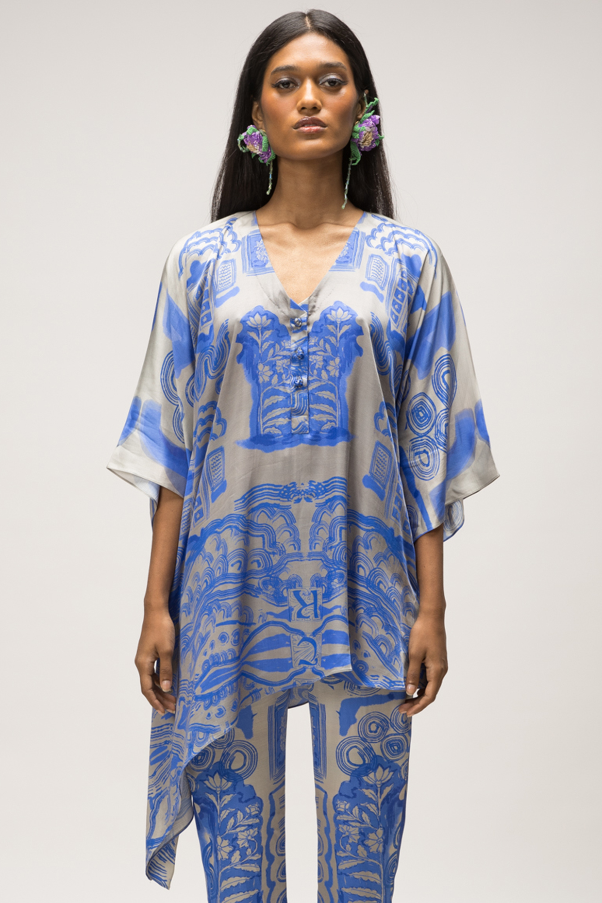 Indigo Blue & Silver Grey Viscose Satin Asymmetric Kaftan by Doh Tak Keh at Pernia's Pop Up Shop