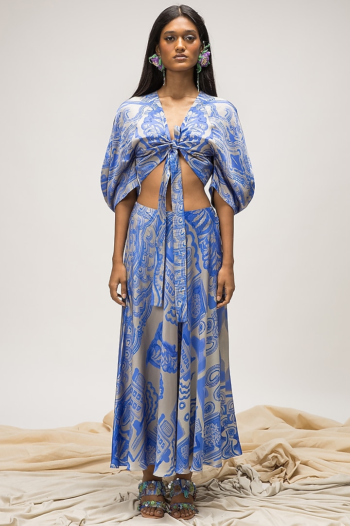 Indigo Blue & Silver Grey Viscose Satin Embroidered Corset Top Design by  Doh Tak Keh at Pernia's Pop Up Shop 2024