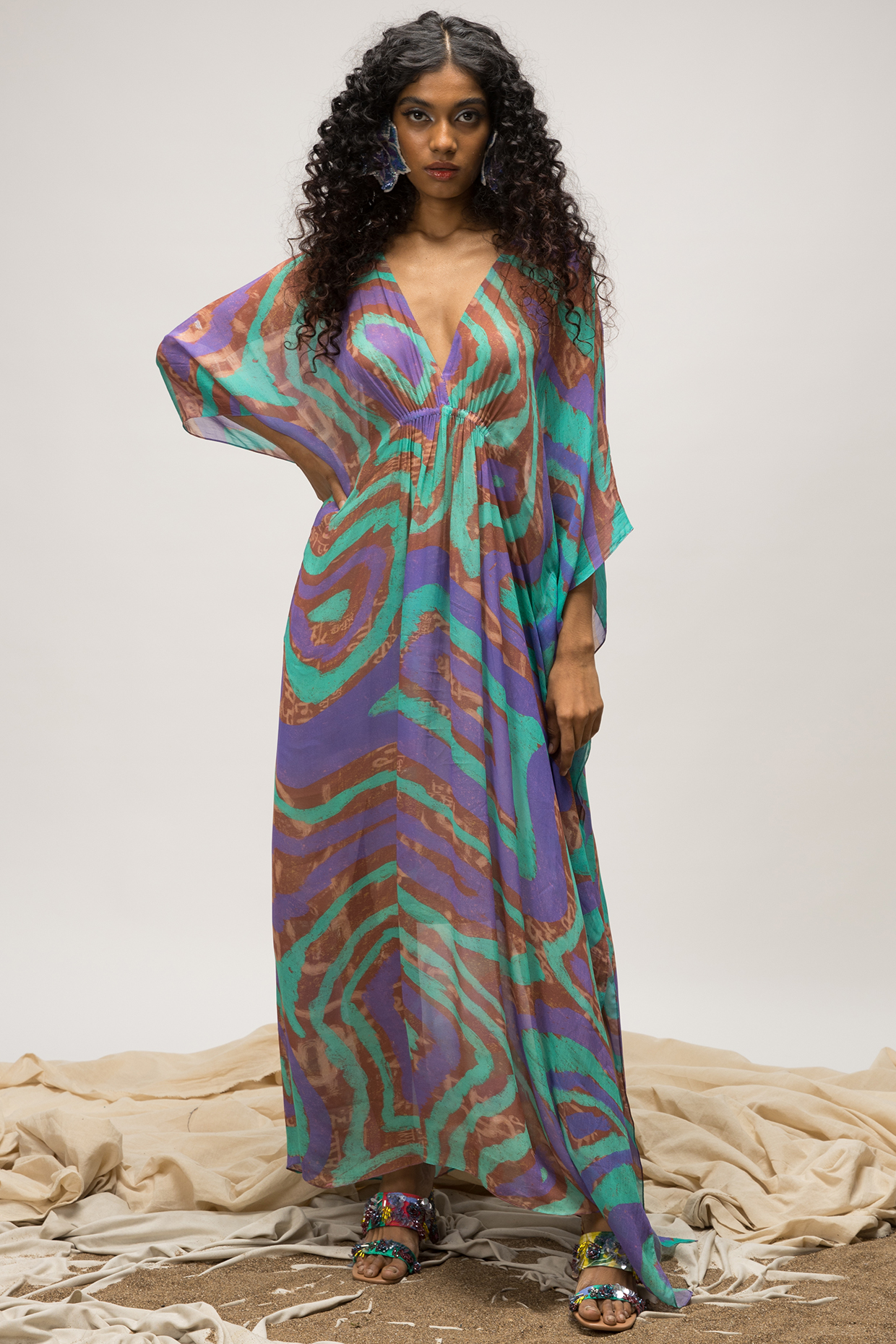 Aqua Blue & Dusty Mauve Viscose Georgette Kaftan by Doh Tak Keh at Pernia's Pop Up Shop