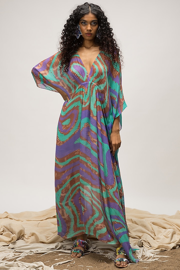 Aqua Blue & Dusty Mauve Viscose Georgette Kaftan by Doh Tak Keh at Pernia's Pop Up Shop