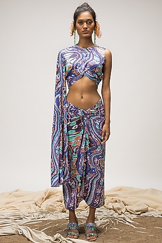 Multi-Colored Viscose Satin Knotted Skirt by Doh Tak Keh