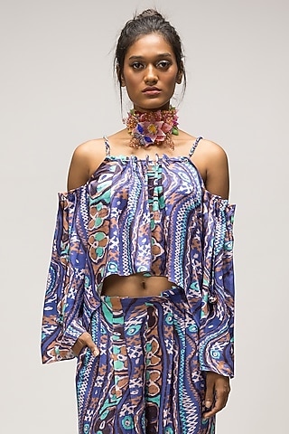 Multi-Colored Viscose Satin Box Pleated Top by Doh Tak Keh