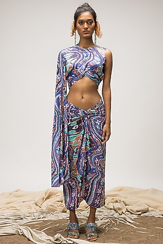 Multi-Colored Slub Satin Knotted Skirt Set by Doh Tak Keh