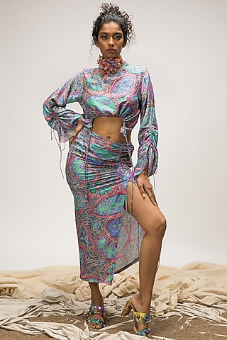 Multi-Colored Bemberg Pashmina Skirt Set by Doh Tak Keh