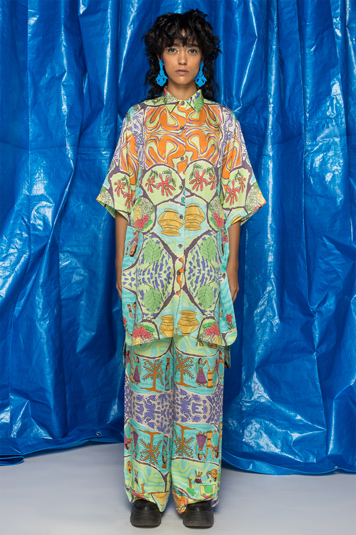 Turquoise Orient Slub Satin Printed Tunic by Doh Tak Keh at Pernia's Pop Up Shop