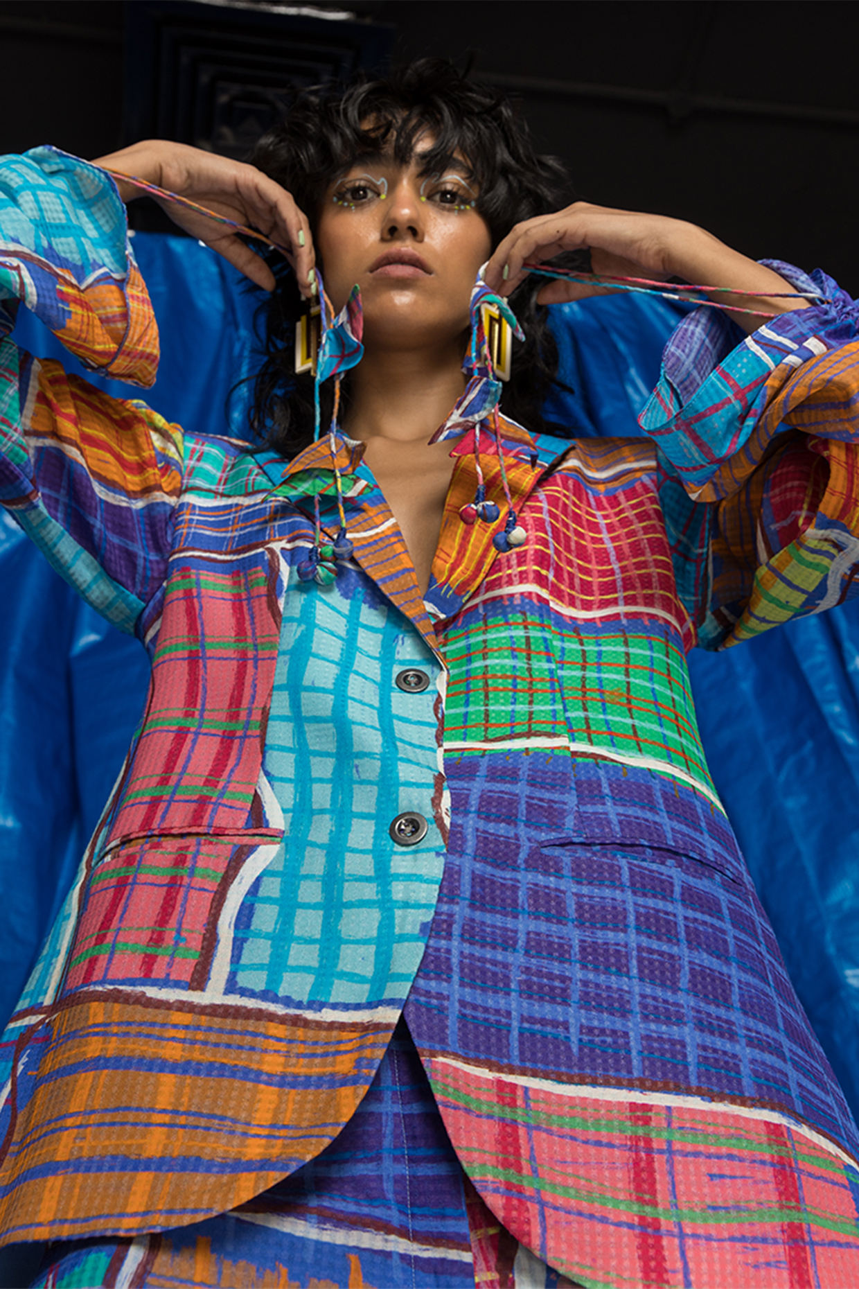 Blue Cotton Voile Printed Blazer by Doh Tak Keh at Pernia's Pop Up Shop