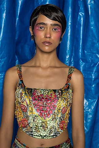 Green Velvet Printed Corset by Doh Tak Keh