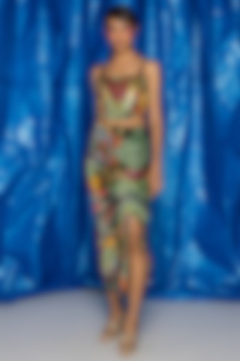 Green Velvet Printed Ruched Skirt by Doh Tak Keh at Pernia's Pop Up Shop