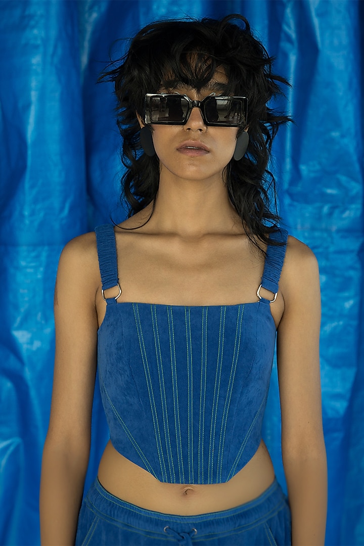 Electric Blue Suede Corset Top by Doh Tak Keh