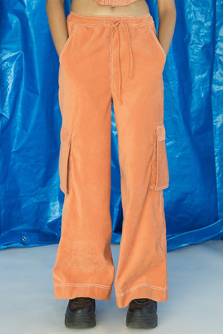 Tangerine Suede Embroidered Trousers by Doh Tak Keh