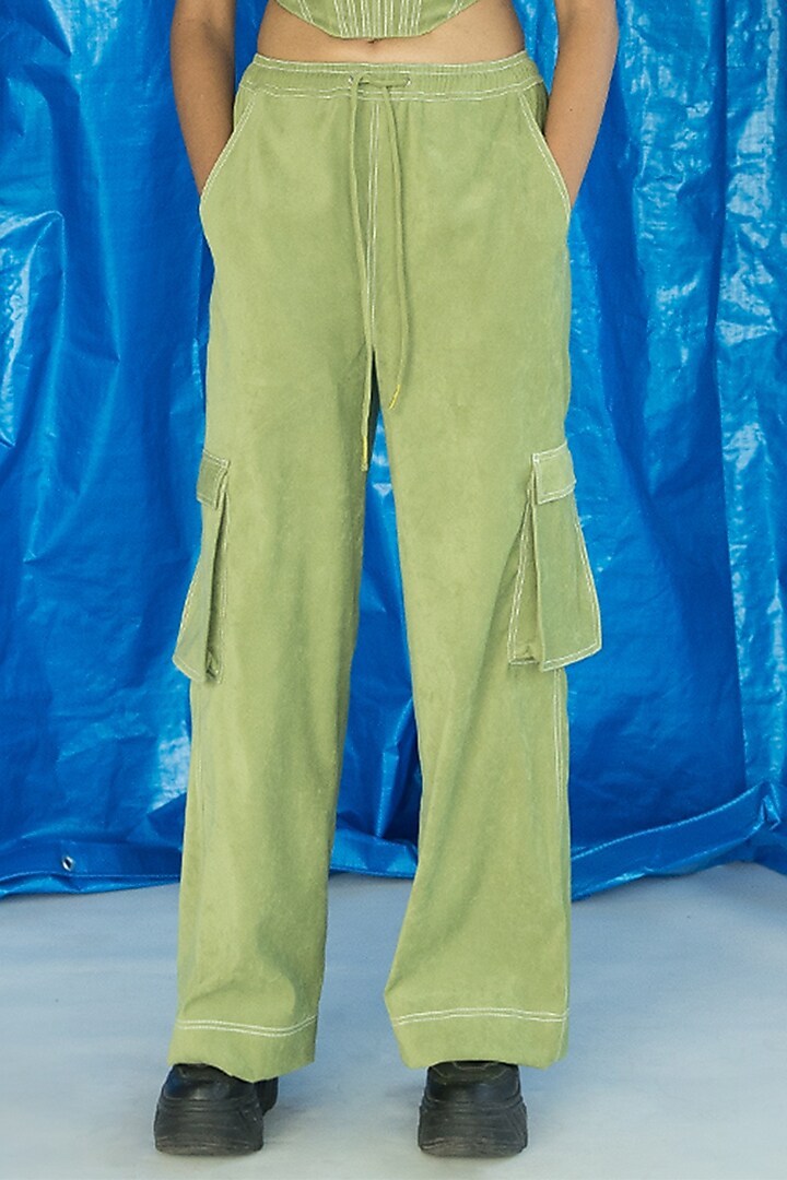 Green Suede Embroidered Trousers by Doh Tak Keh