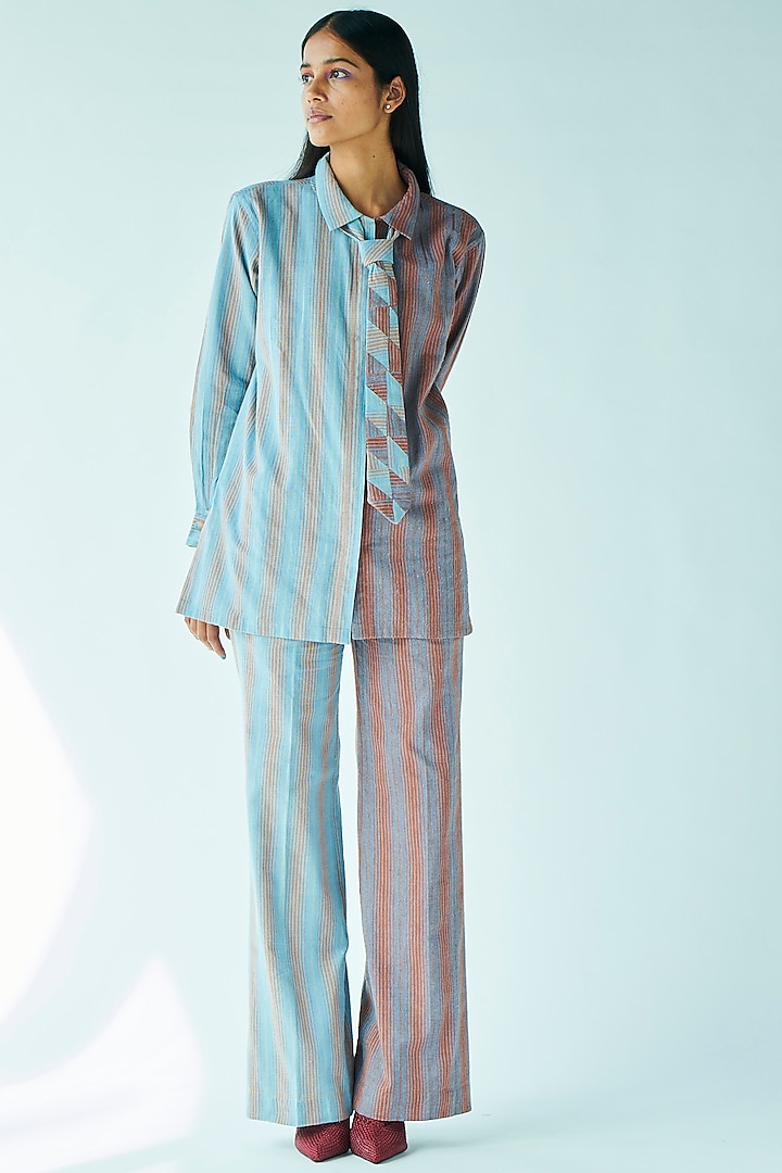 Slate Blue Handwoven Striped Trousers by Doh Tak Keh