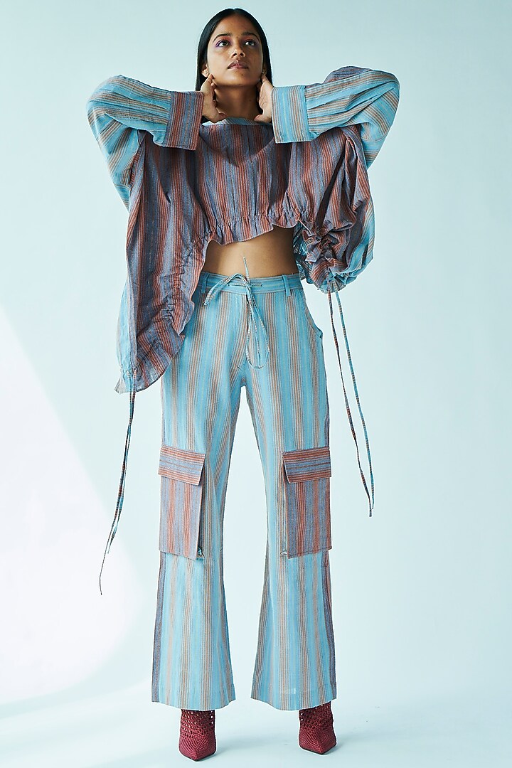 Burnt Orange Handwoven Striped Crop Top by Doh Tak Keh at Pernia's Pop Up Shop