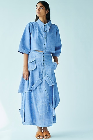 Blue Handwoven Cotton Cropped Shirt by Doh Tak Keh