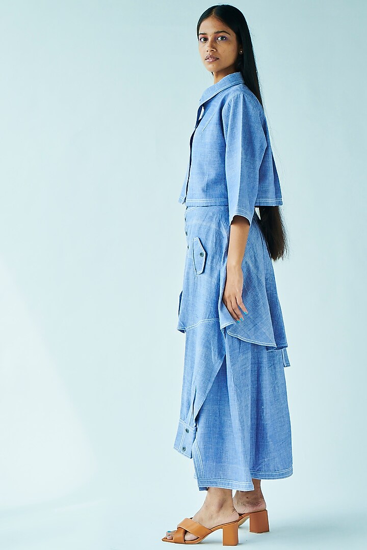 Blue Handwoven Cotton Cropped Shirt by Doh Tak Keh at Pernia's Pop Up Shop