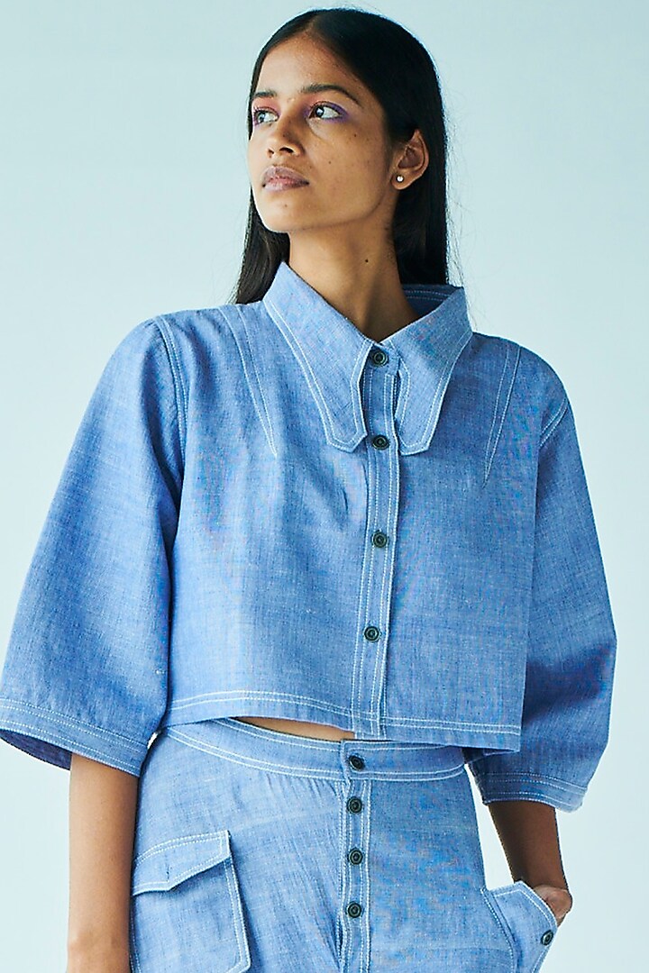 Blue Handwoven Cotton Cropped Shirt by Doh Tak Keh at Pernia's Pop Up Shop