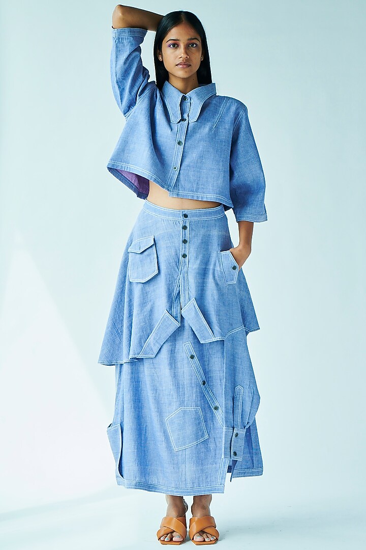 Blue Handwoven Cotton Cropped Shirt by Doh Tak Keh at Pernia's Pop Up Shop