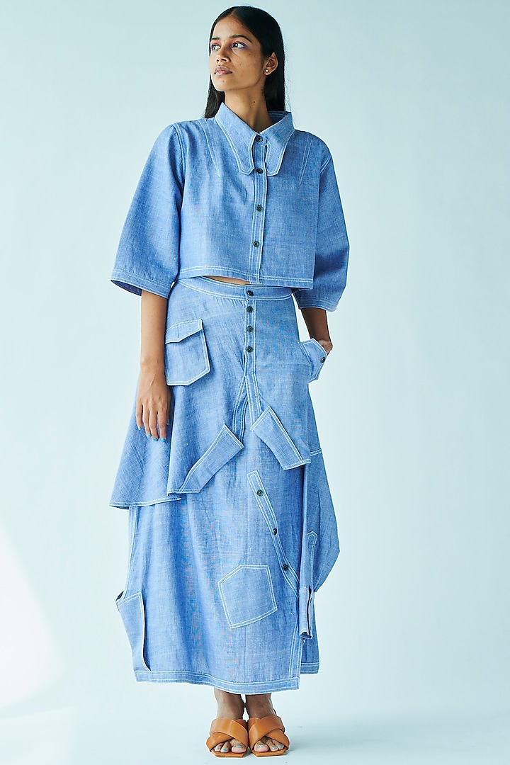 Blue Handwoven Cotton Skirt by Doh Tak Keh
