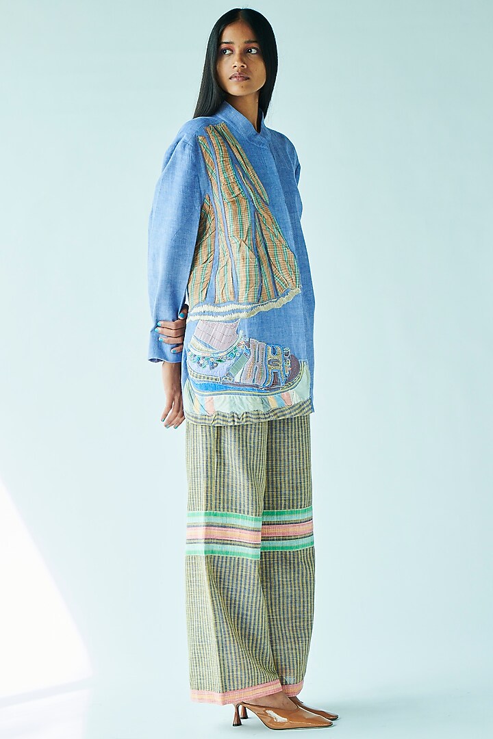 Blue Hand Embroidered Jacket by Doh Tak Keh at Pernia's Pop Up Shop