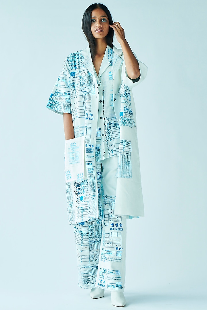 Sea Blue Printed Long Coat by Doh Tak Keh at Pernia's Pop Up Shop