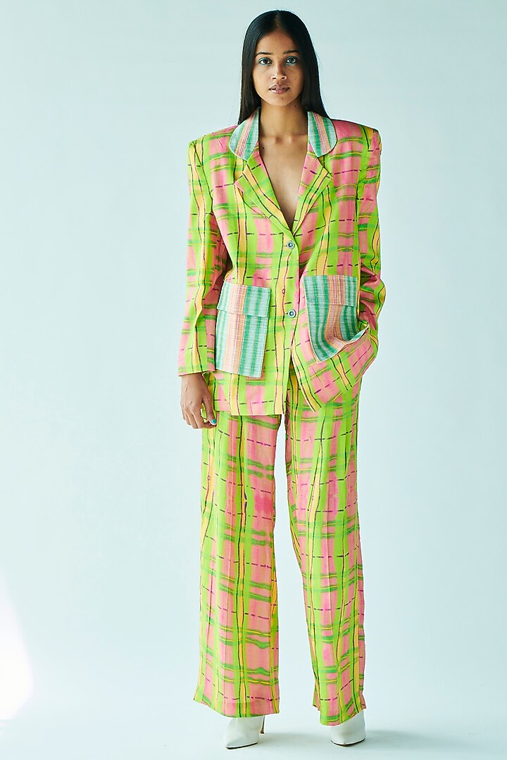 Neon Green Satin Tencel Blazer by Doh Tak Keh at Pernia's Pop Up Shop