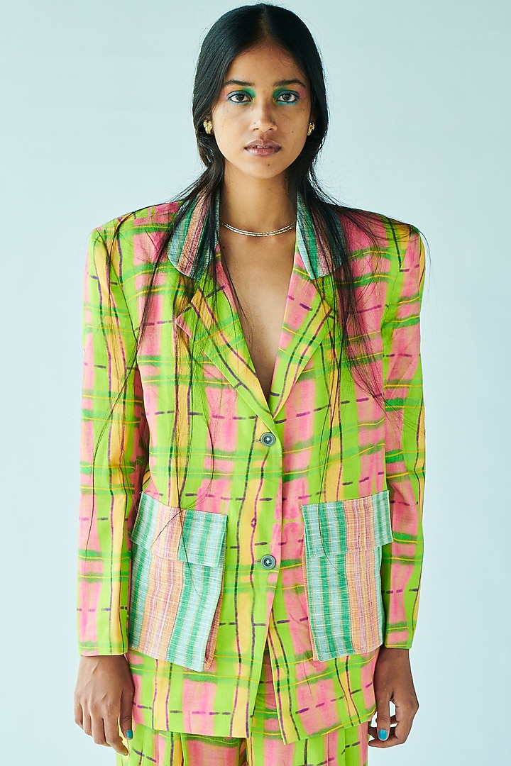 Neon Green Satin Tencel Blazer by Doh Tak Keh at Pernia's Pop Up Shop
